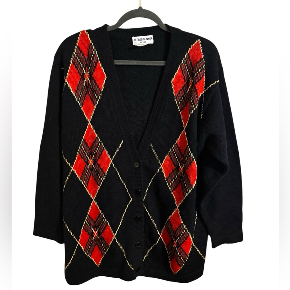 Vintage 90s Alfred Dunner Black‎ Red Argyle Cardigan Petite Large